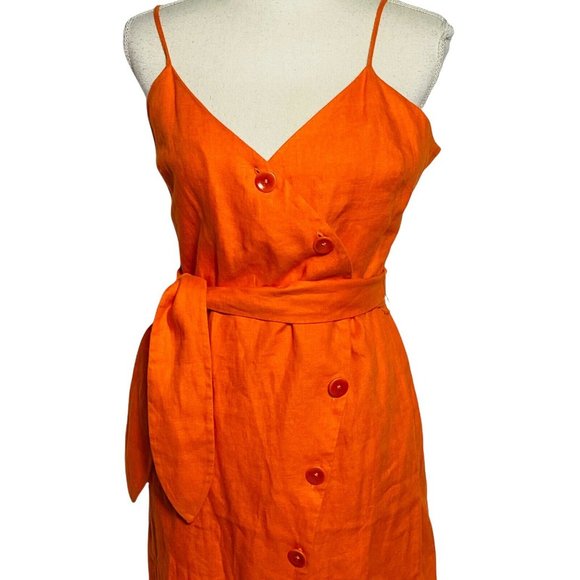JOIE Women Medium Orange V Neck Carnell Belted Linen Wiggle Pencil Dress NEW - Picture 5 of 12